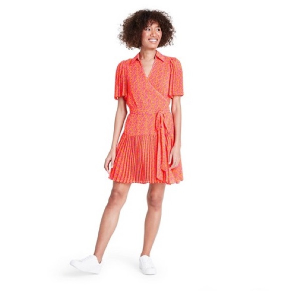 - Floral Flutter Sleeve Pleated Wrap Dress